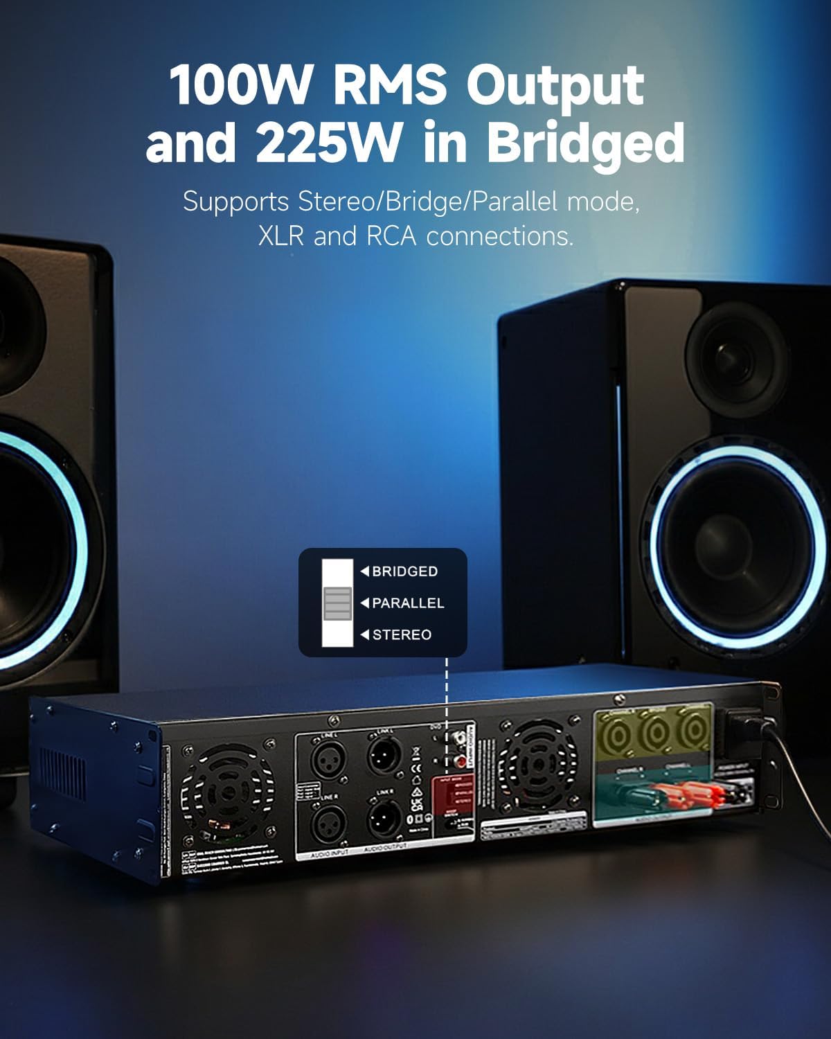 Donner Power Amplifier, 2 Channel Audio Amplifier with Bluetooth 5.3, EQ Controls, 100W RMS and 225W @4Ω Bridgeable, Versatile Inputs, for Home Party, Live Sound, DJs and Garage, MAMP7