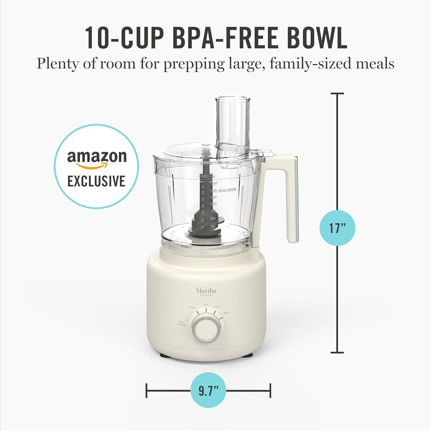 Martha Stewart Food Processor, 10-Cup Electric Chopper for Slicing, Shredding, Mincing and Puree, BPA-Free Twist & Lock Bowl, 3 Multipurpose Blades, Variable Speed Dial, Wide Feed Chute, Linen White