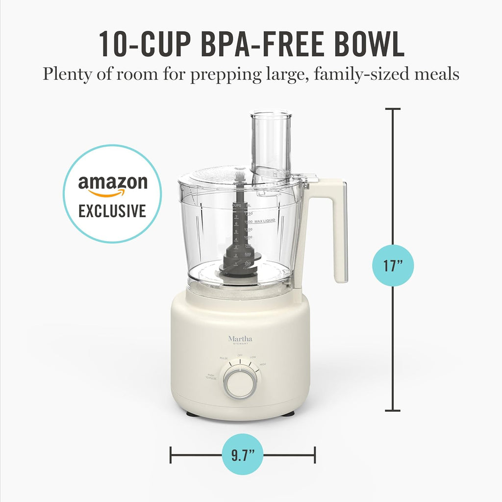 Martha Stewart Food Processor, 10-Cup Electric Chopper for Slicing, Shredding, Mincing and Puree, BPA-Free Twist & Lock Bowl, 3 Multipurpose Blades, Variable Speed Dial, Wide Feed Chute, Linen White