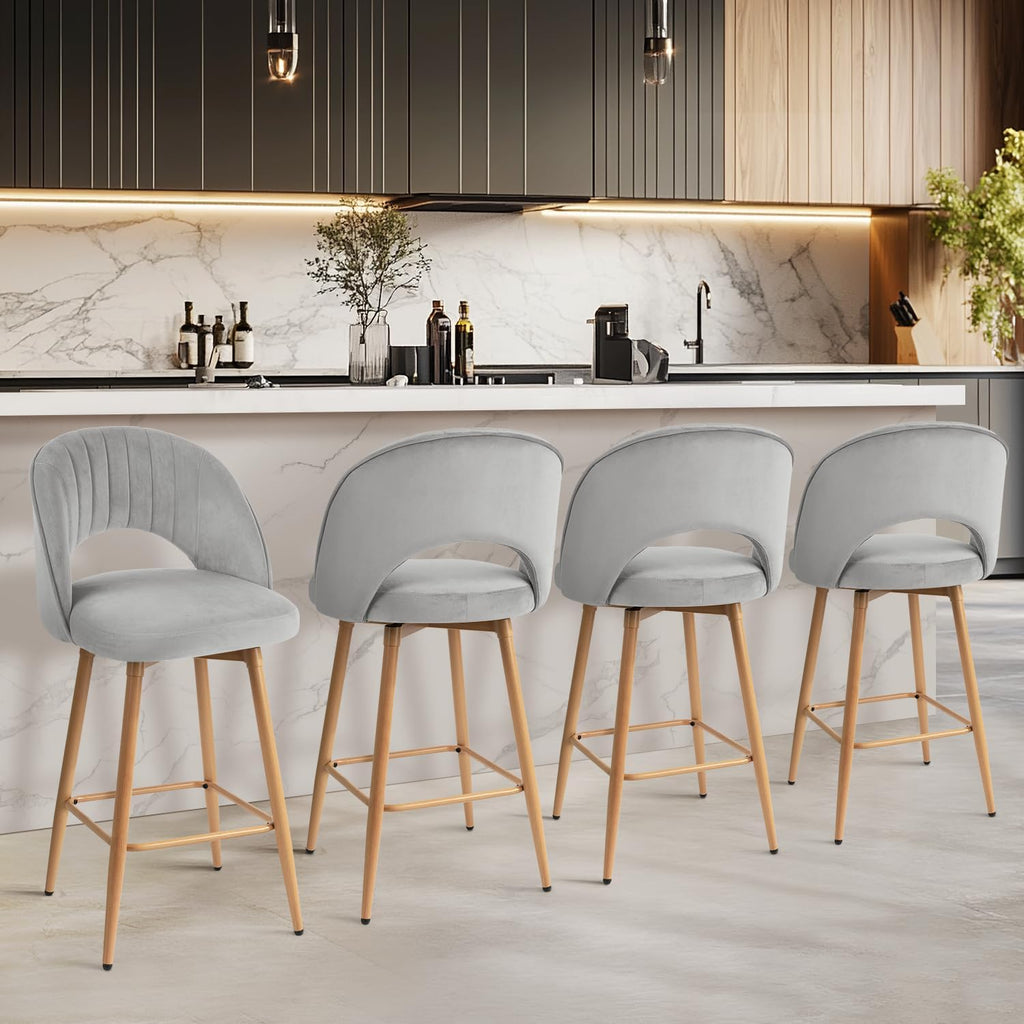Swivel Bar Stools Set of 3, Counter Height Barstools for Kitchen Island, 26" Seat Height Bar Chairs for Dining Room, Velvet Upholstered Bar Stool with Back and Footrest, Gray