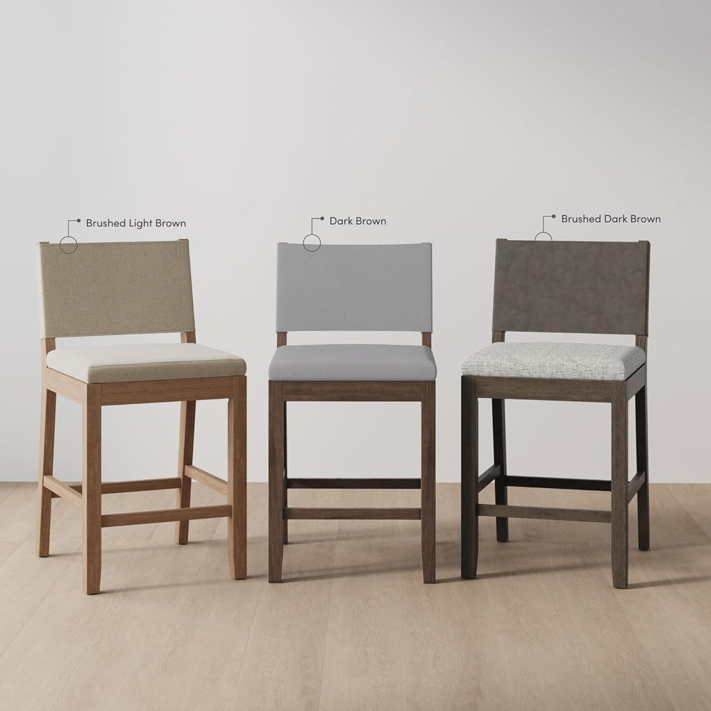 Nathan James Linus Modern Upholstered Counter Height Bar Stool with Back and Solid Rubberwood Legs in a Wire-Brushed Light Brown Finish, Natural Flax/Brown, Set of 2
