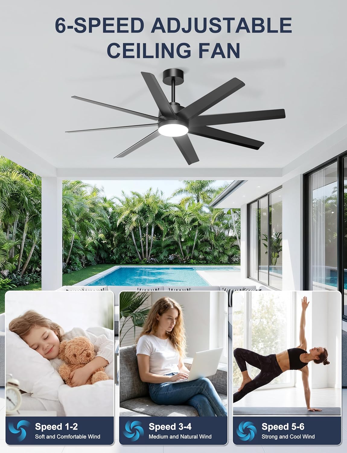 Ohniyou 60'' Ceiling Fan with Light - Modern Black 8 Blades Ceiling Fan Remote/APP Control, Dimmable, DC Motor Outdoor Fan for Covered Patio, Living Room, Shop, Garage