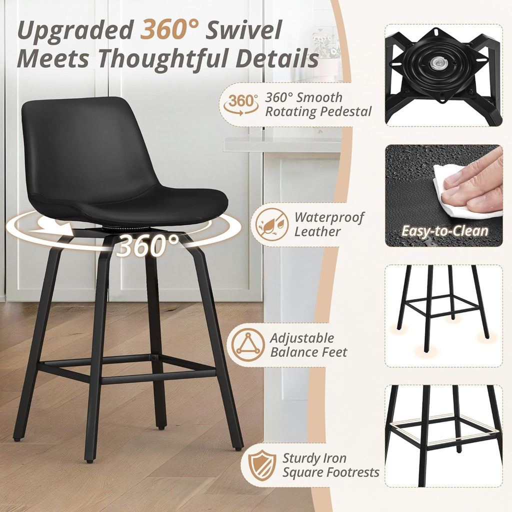 LUE BONA 360° Swivel Bar Stools Set of 3, 26 Inch Counter Height Bar Stools, Modern Faux Leather with Enlarged Seats, Metal Legs for Kitchen Island, Dining, Black