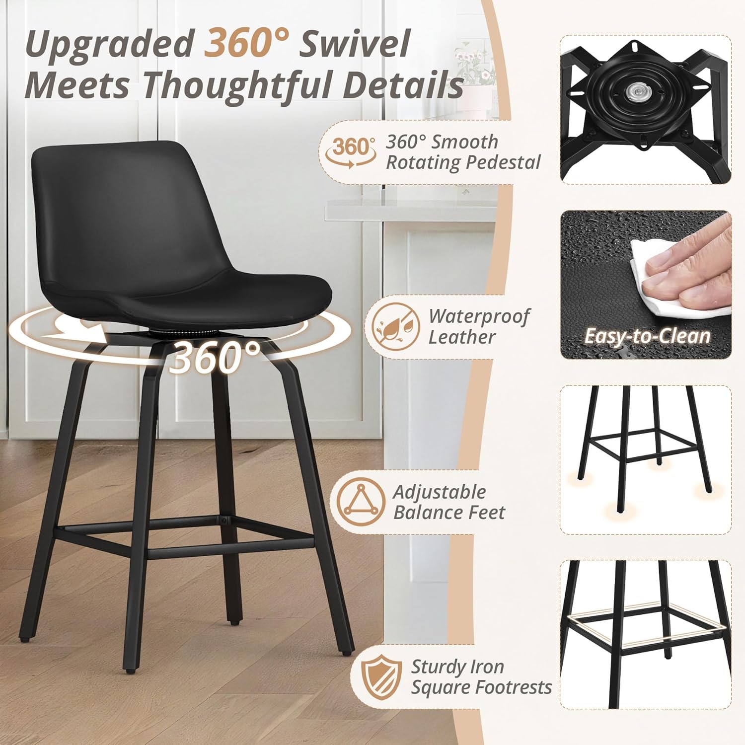 LUE BONA 360° Swivel Bar Stools Set of 3, 26 Inch Counter Height Bar Stools, Modern Faux Leather with Enlarged Seats, Metal Legs for Kitchen Island, Dining, Black