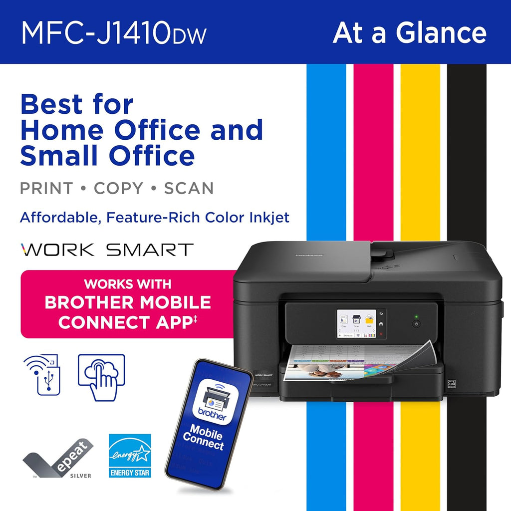 Brother Work Smart 1410 Wireless Color Inkjet All-in-One Printer with 2.7” Touchscreen and Automatic Duplex Printing | Includes Refresh Subscription Trial(1) (MFC-J1410DW)