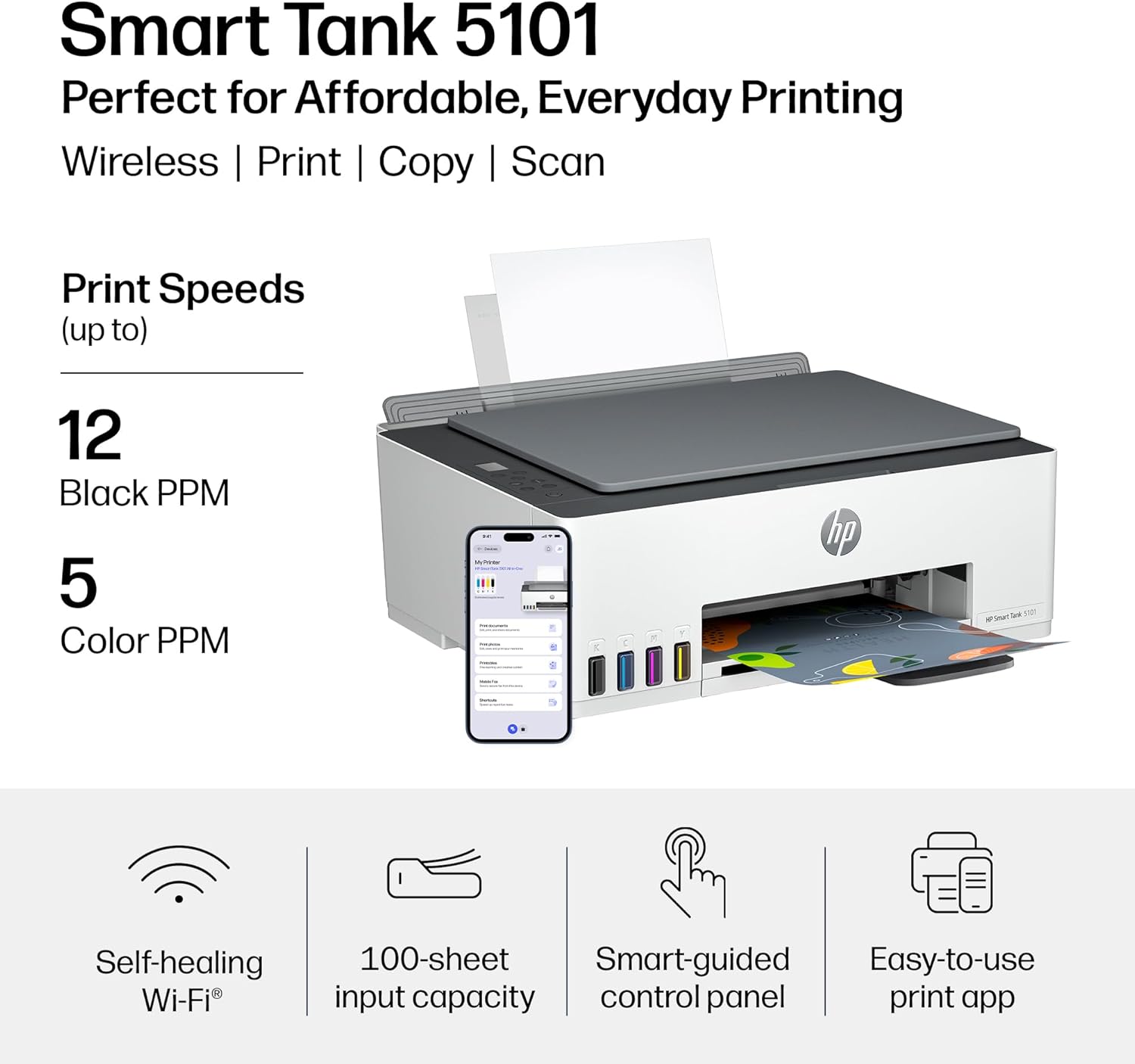 HP Smart Tank 5101 Wireless All-in-One Refillable Printer, Scanner, Copier with 2 years of Ink included, Wireless printer-for-home use an EcoTank Alternative (1F3Y0A)
