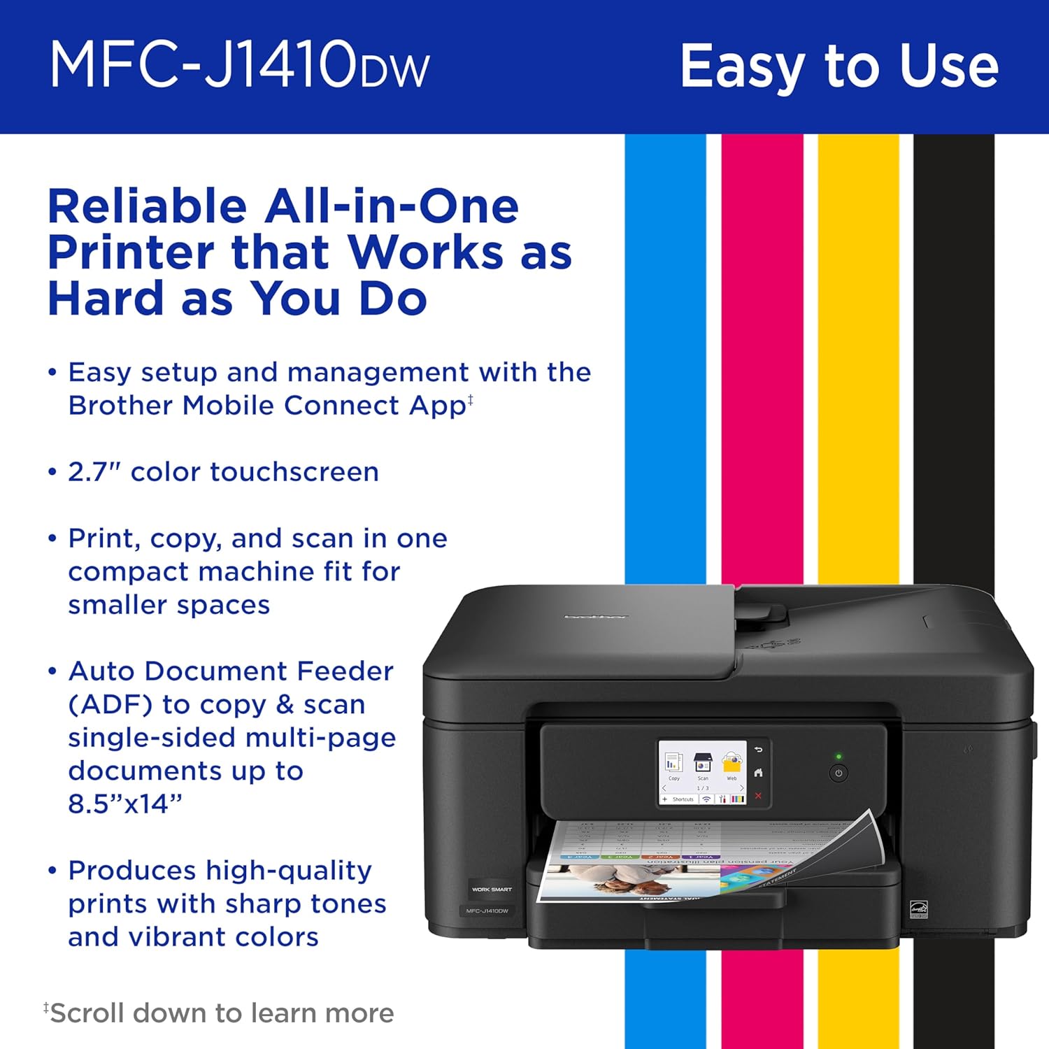 Brother Work Smart 1410 Wireless Color Inkjet All-in-One Printer with 2.7” Touchscreen and Automatic Duplex Printing | Includes Refresh Subscription Trial(1) (MFC-J1410DW)