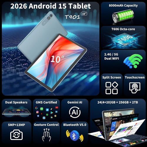 10 inch Android 15 Tablet, 2026 Tablet with Keyboard, 24GB+256GB+2TB Expand, Tablets PC with Gemini AI, 8000mAh Battery, 5G WiFi, Widevine L1, 2 in 1 Tablets with Case, Mouse, Stylus (Black Case)