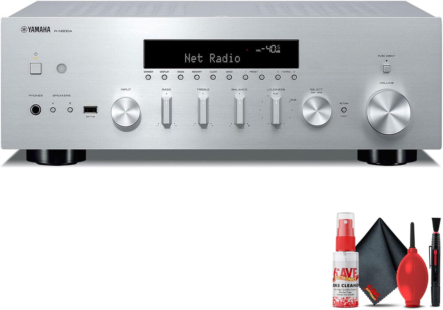 Yamaha R-N600A 2.1-Channel Network A/V Receiver with Streaming, Phono and Built-in DAC (Silver) Bundle with Cleaning kit