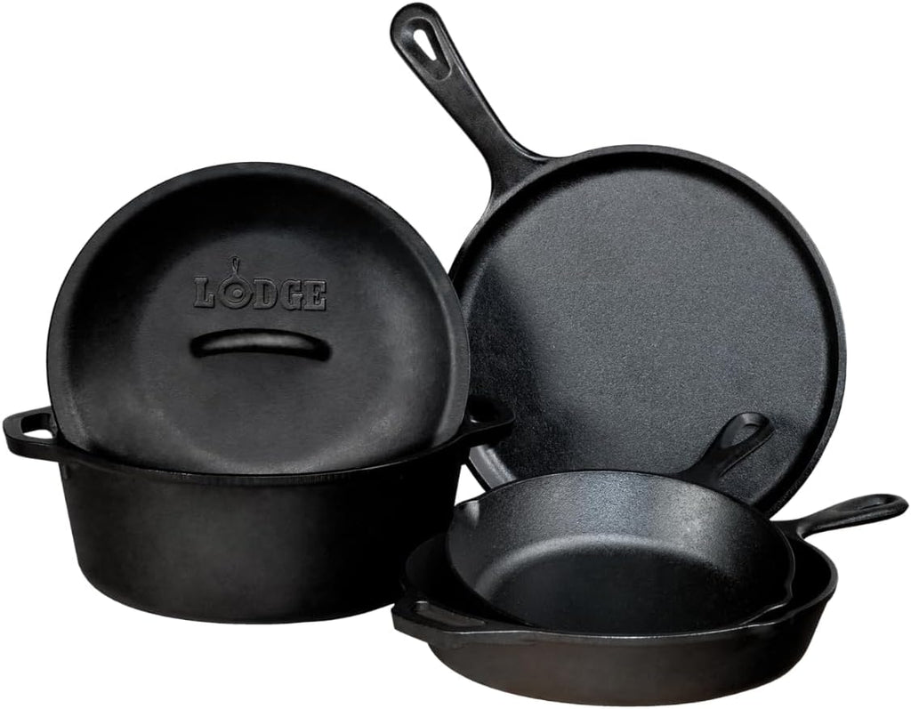 Lodge Cast Iron Set - 5-Piece Set - Pre-Seasoned Kitchen Set - Skillets, Griddle & Dutch Oven Included - PFAS-Free Non-Toxic Cookware