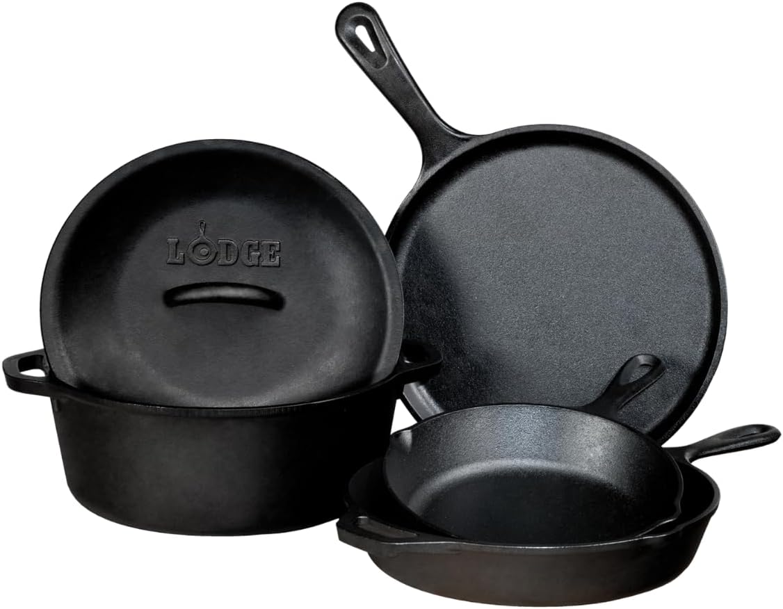 Lodge Cast Iron Set - 5-Piece Set - Pre-Seasoned Kitchen Set - Skillets, Griddle & Dutch Oven Included - PFAS-Free Non-Toxic Cookware