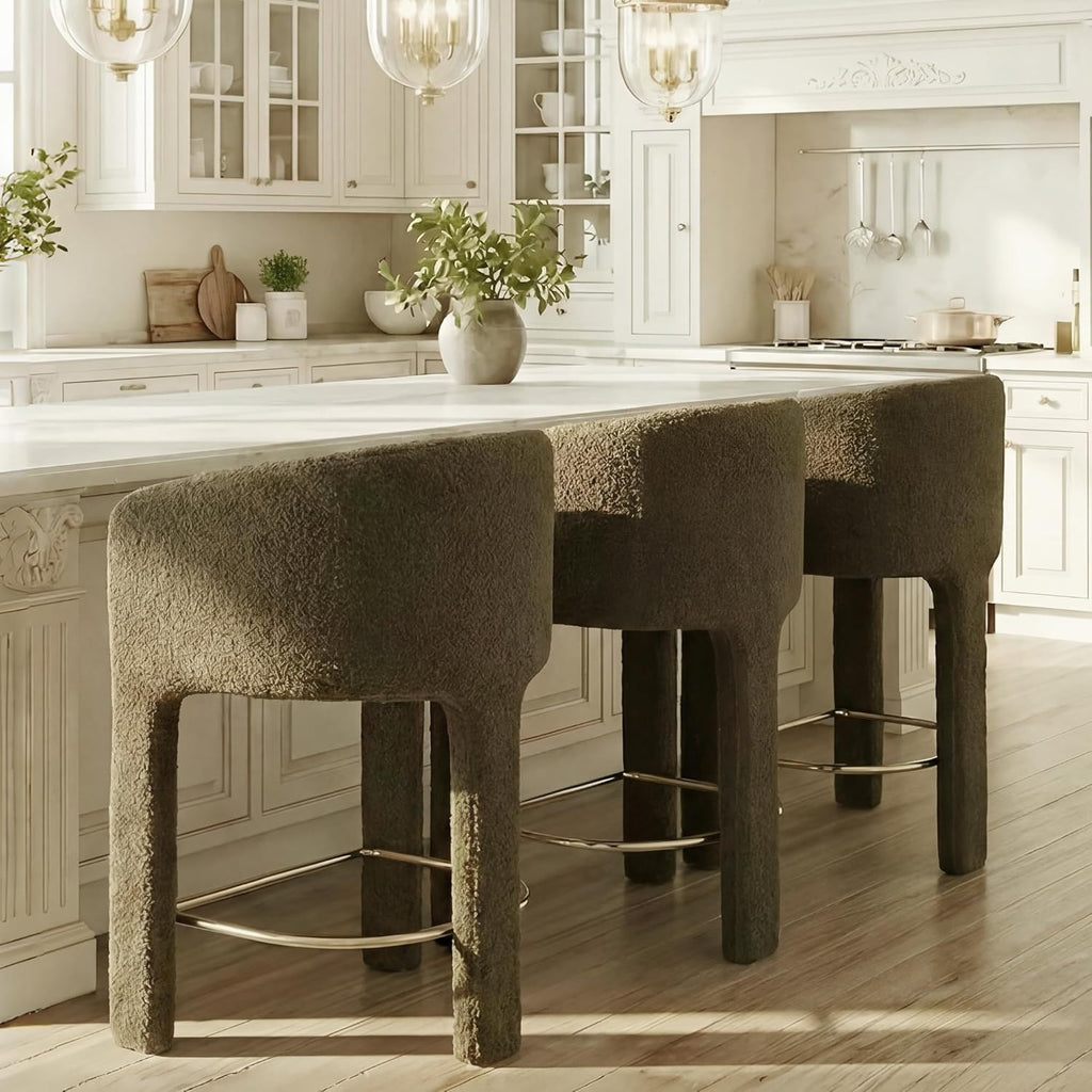 Modern Counter Height Bar Stools Set of 3, 26”H Barrel Counter Stools for Kitchen Counter, Upholstered Barstools with Back and Armrest, Sherpa Bar Stools for Kitchen Island,Home Bar Furniture, Green