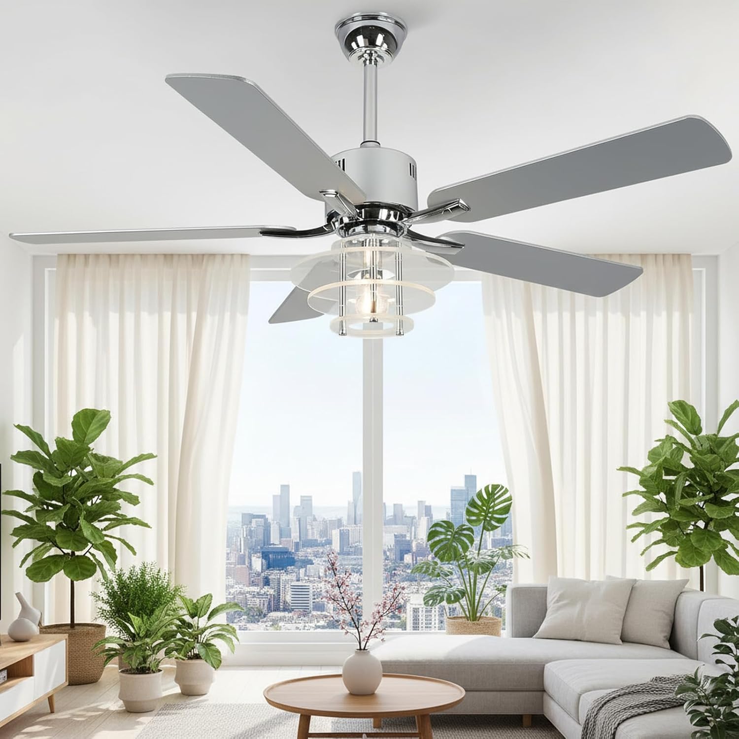 52" Ceiling Fan with Light Modern Chrome Chandelier Fan Reversible DC Motor Quiet Fandelier with 5 Blades for Bedroom, Living Room, Patios, Shop, Ventilador de Techo