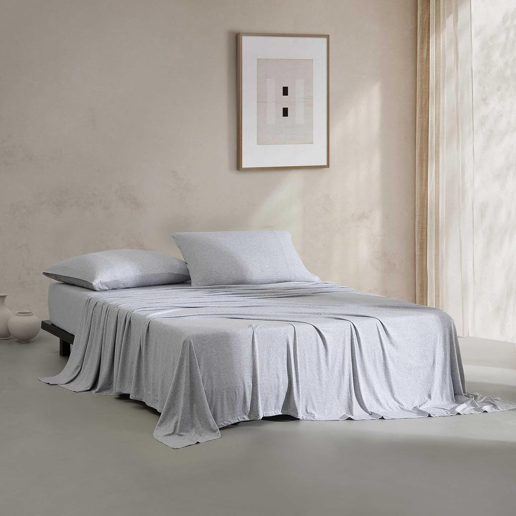 Calvin Klein - Queen Size Sheets Set, Naturally Soft Cotton-Blend Melange Jersey Bedding - Bed Sheets with Matching Pillowcases & Fitted Sheet (Modern Cotton Grey/Blue)