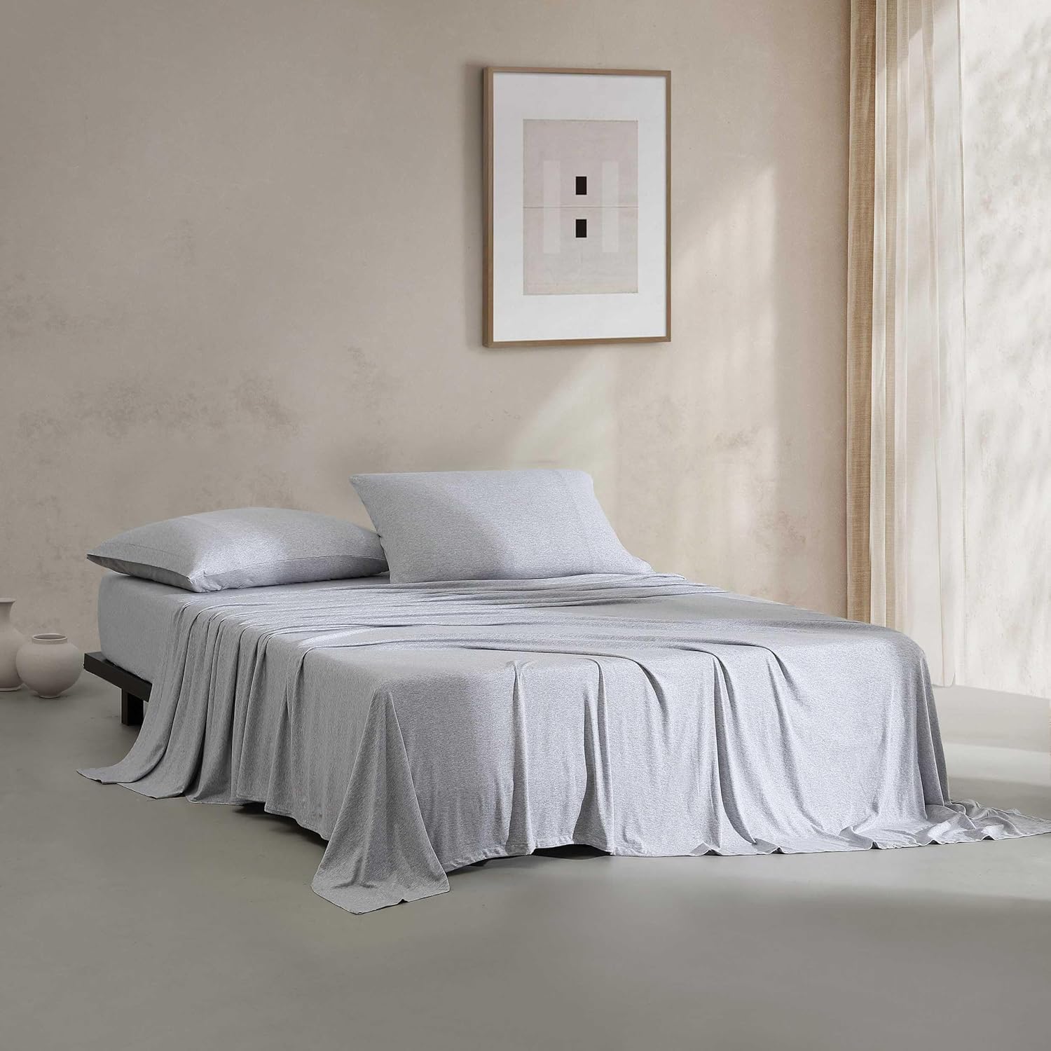 Calvin Klein - Queen Size Sheets Set, Naturally Soft Cotton-Blend Melange Jersey Bedding - Bed Sheets with Matching Pillowcases & Fitted Sheet (Modern Cotton Grey/Blue)