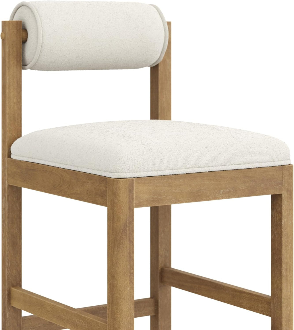 Nathan James Kimberly Modern Counter Stool with Solid Wood Legs, Boucle Upholstered Counter Height Stool with Bolster Back, Cream Boucle/Light Brown Set of 4