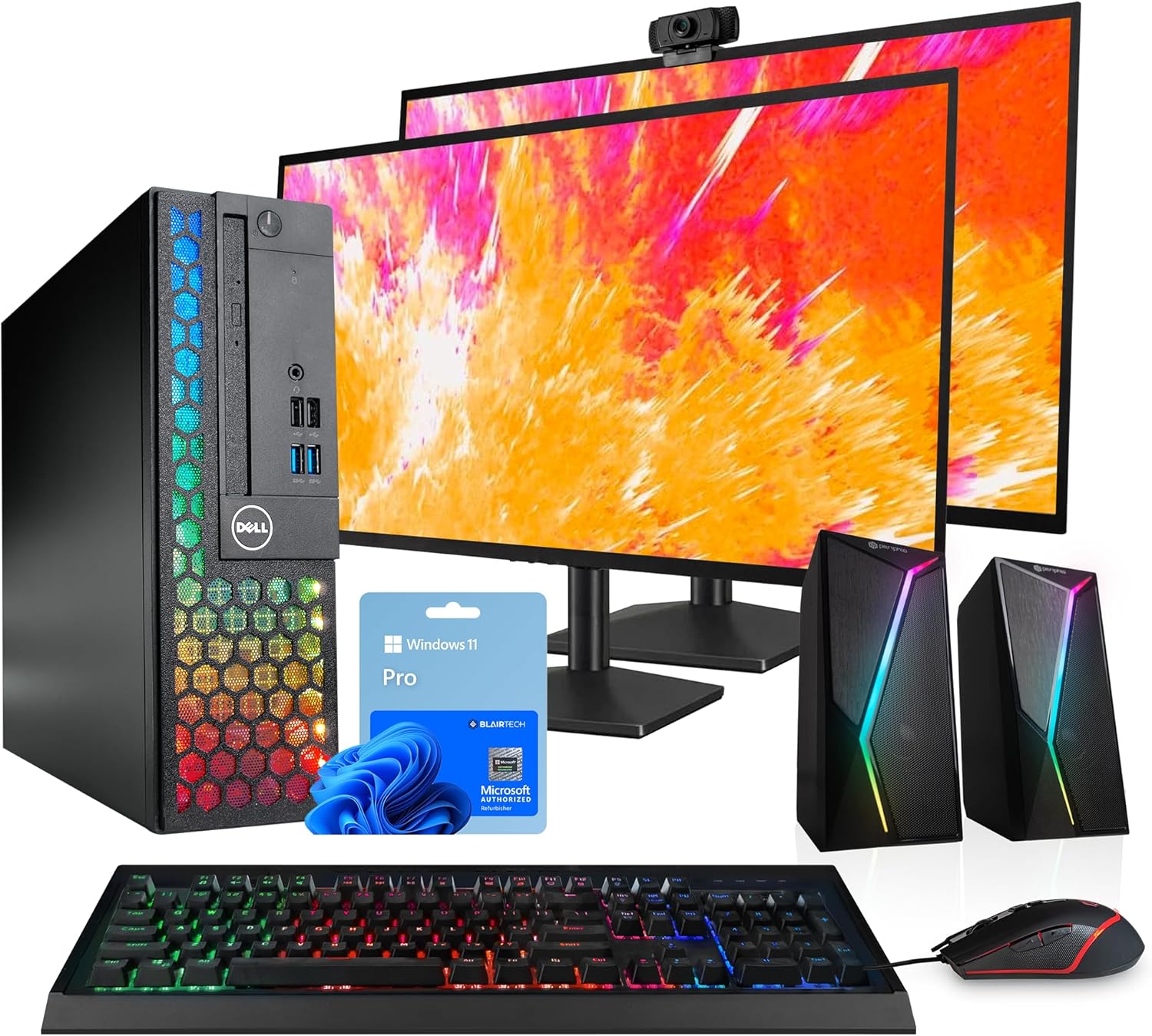 Dell Optiplex Computer PC w/RGB Lighting | Windows 11 Pro | Ultra Fast Intel i5-8500 | 16GB RAM 1TB SSD | New Dual 24" LCDs | RGB Speakers + Webcam | 5G WiFi + BT (Renewed)