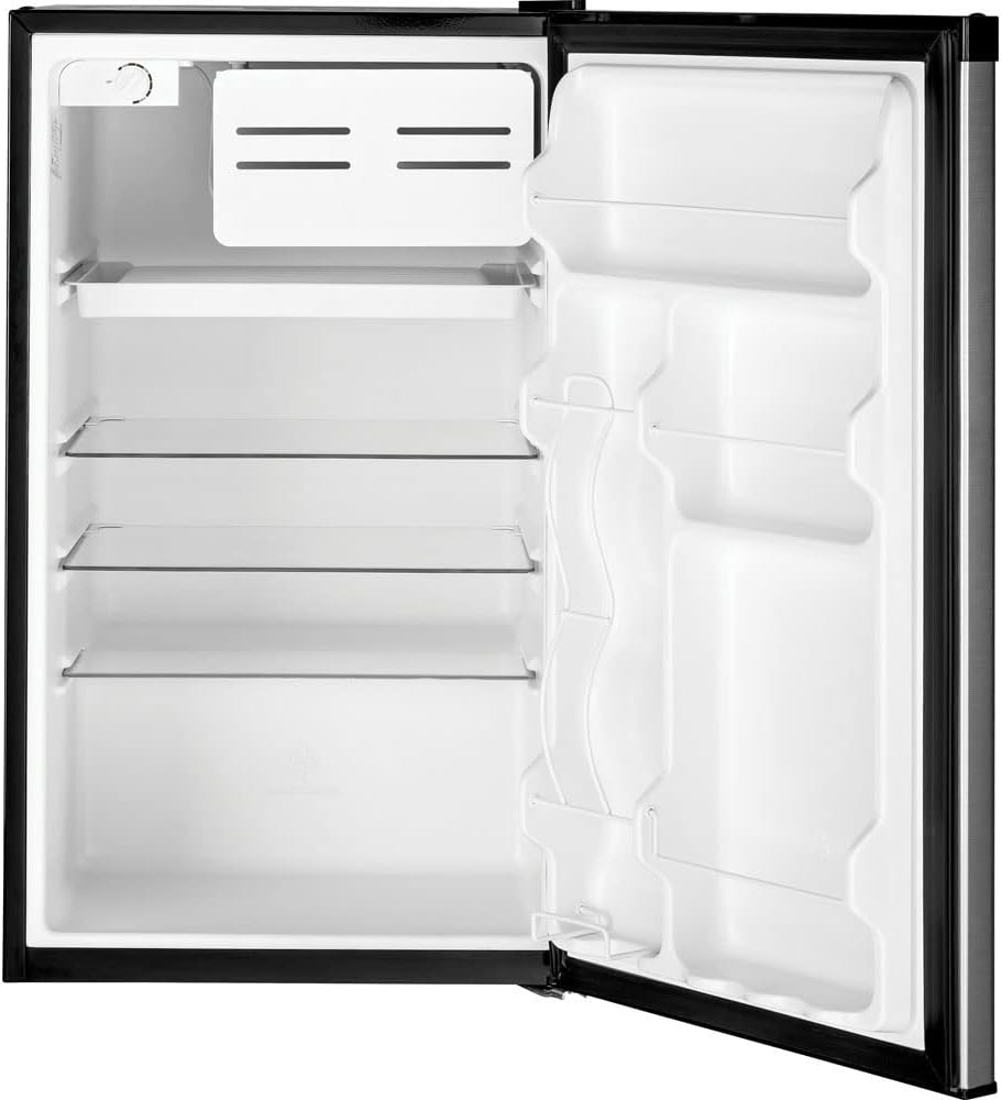 GE Mini Fridge With Freezer | 4.4 Cubic Ft. | Single-Door Design With Glass Shelves, In-Door Can Rack & Small Freezer | Small Refrigerator Perfect for the Garage, Dorm Room, or Bedroom | Clean Steel