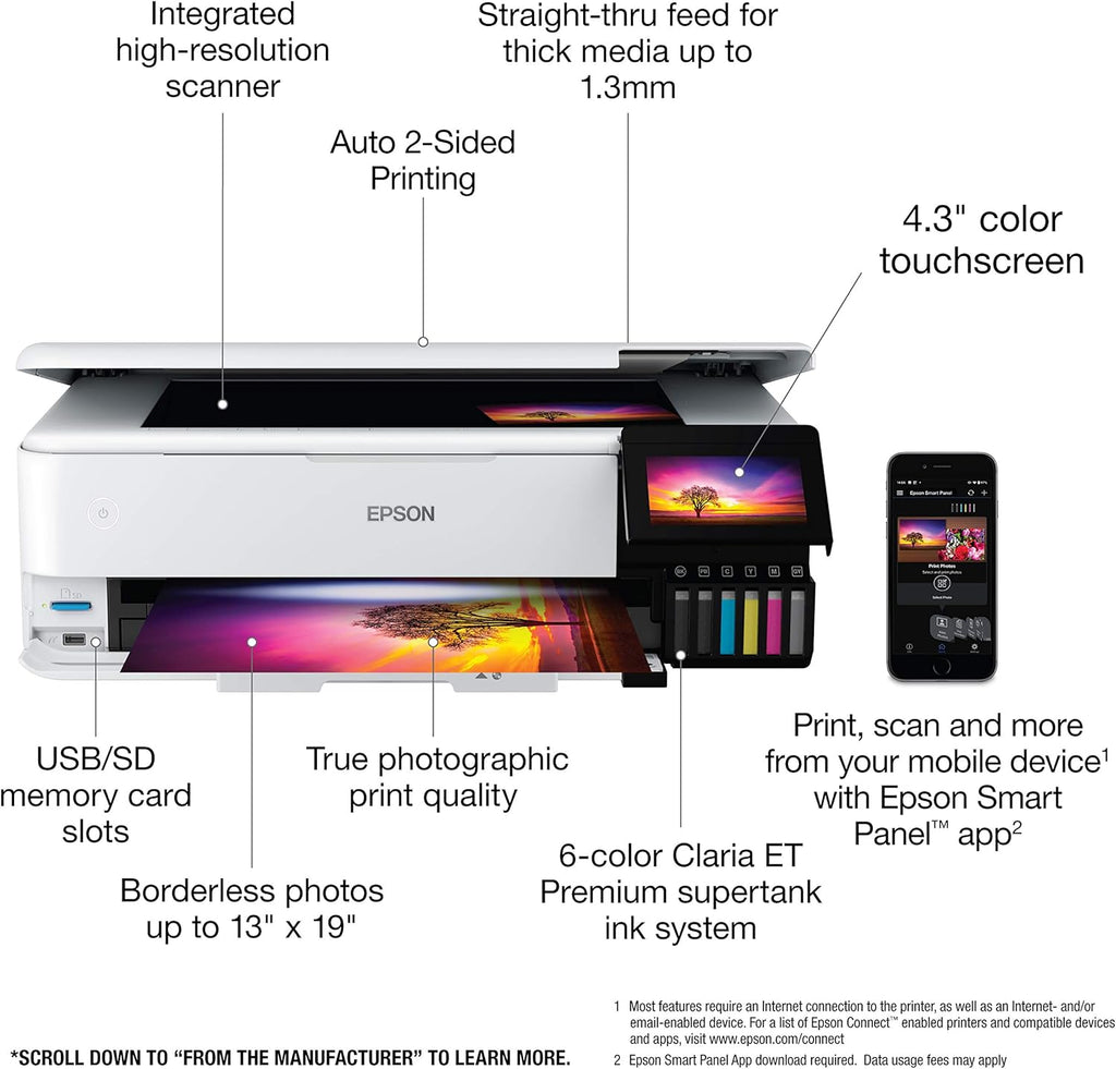 Epson EcoTank Photo ET-8550 Wireless Wide-Format Color All-in-One Supertank Printer - Scanner, Copier - Ethernet - 4.3-inch Color Touchscreen