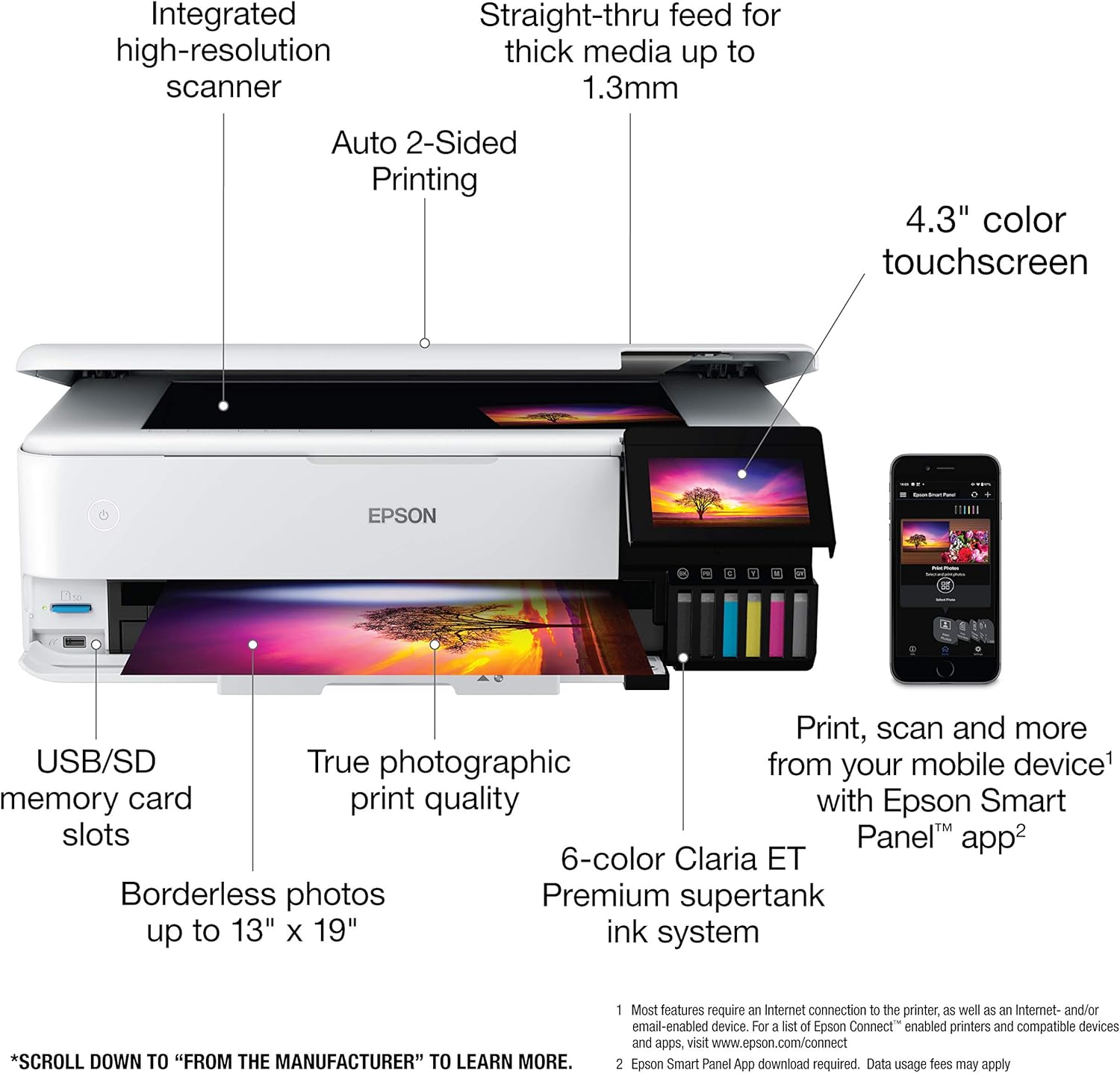 Epson EcoTank Photo ET-8550 Wireless Wide-Format Color All-in-One Supertank Printer - Scanner, Copier - Ethernet - 4.3-inch Color Touchscreen