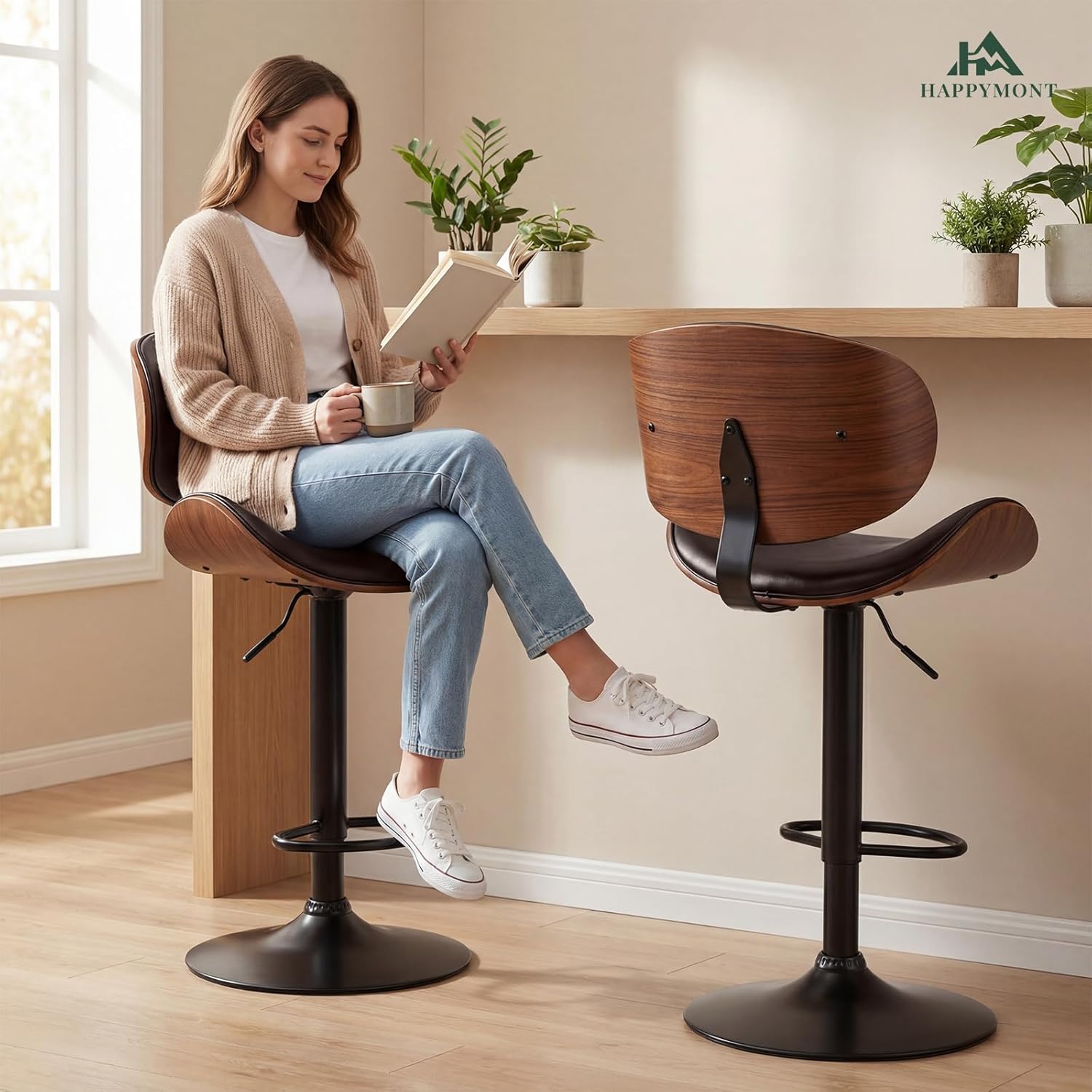 Swivel Bar Stools Set of 2, Adjustable Height Bentwood Barstools with Removable Back, PU Leather Upholstered Bar Chair for Kitchen Island Dining Room, Brown
