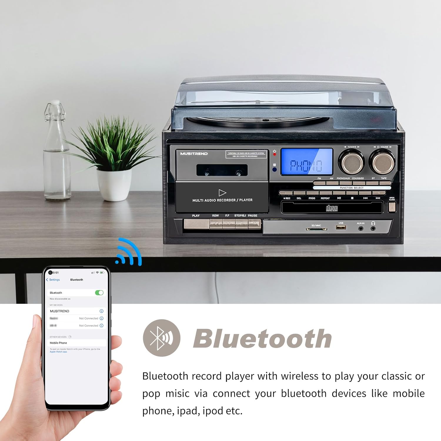 9-in-1 Vintage Bluetooth Record Player for Home Entertainment, 3-Speed Turntable with AM/FM Radio, CD & Cassette, USB/SD/MMC Input, Built-in Stereo Speakers, Remote Control, Aux in & RCA Line Out
