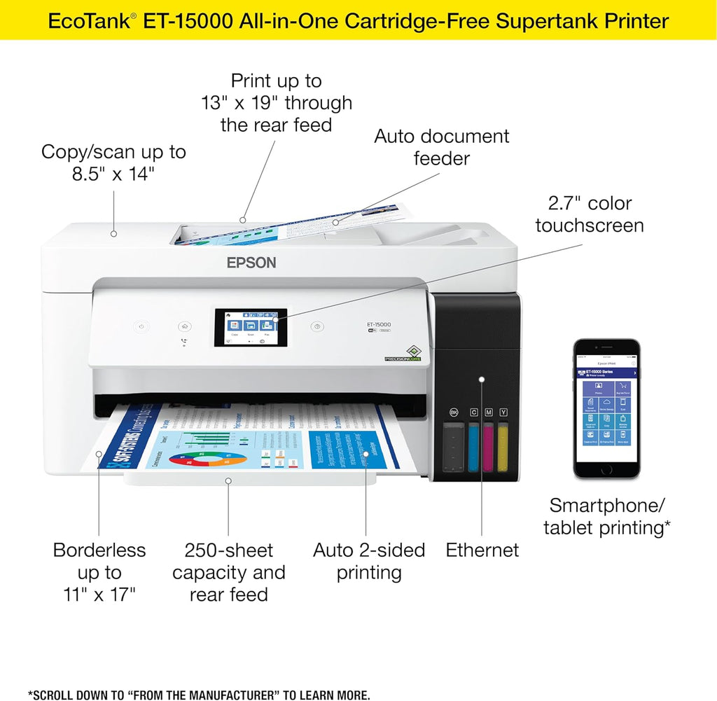 Epson EcoTank ET-15000 Wireless Color All-in-One Supertank Printer & 522 EcoTank Ink Ultra-high Capacity Bottle Cyan (T522220-S)