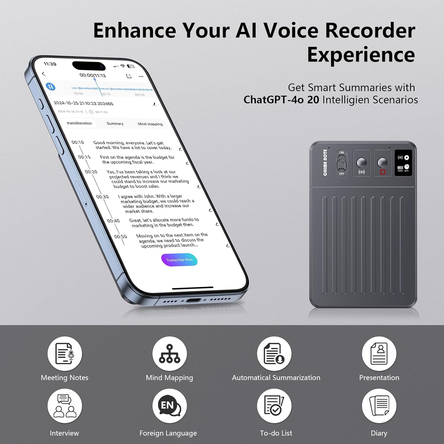 AI Voice Recorder, Voice Recorder with No Fee for Transcribe & Summarize, Empowered by ChatGPT, APP and WEB Sync, Support 107 Languages, 64GB Memory,Digital Voice Recorder for Meetings/Calls-Dark Grey