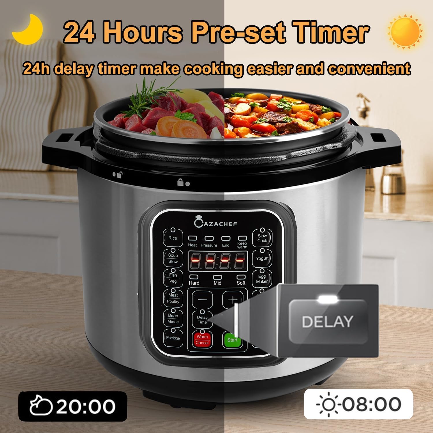 8qt stainless steel Pressure Cooker | 24-hour Presetting electric rice cooker, 14 in 1 slow cooker with temperature control | LED Multifunction Steamer, Food Warmer with nonstick pot