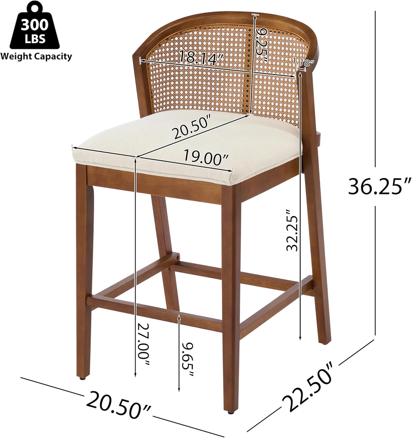 Christopher Knight Home JENA Rattan Counter Stools Set of 2, Counter Height Bar Stools for Bar Table, Rubberwood Frame with Upholstered Barstools, Wood Accent Chair with Footrest, Beige + Walnut