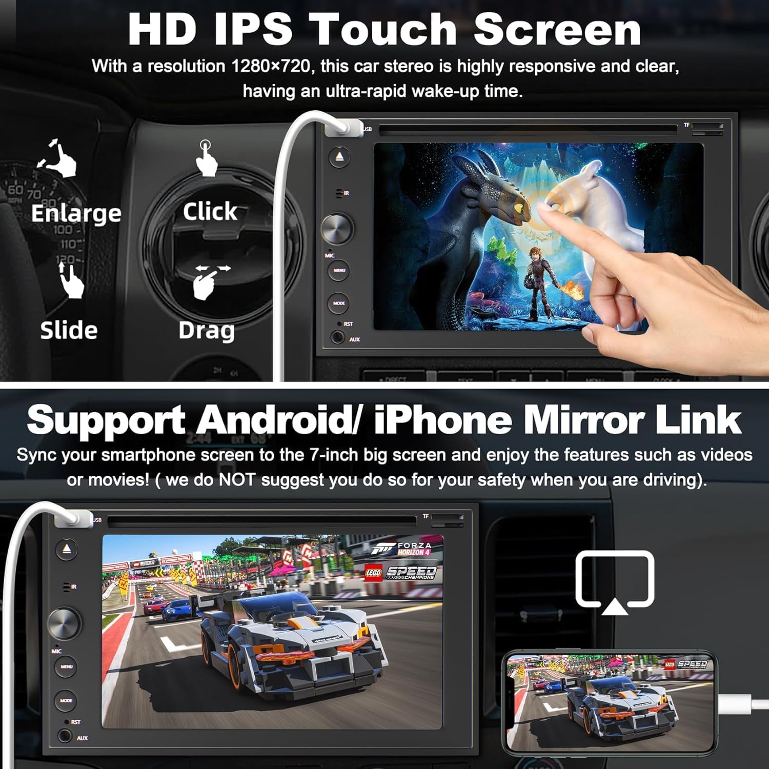 Double Din Car Stereo with Carplay & Android Auto, Adapter-Universe 7 Inch Car Radio with CD/DVD Player Support Back up Camera, Bluetooth & Voice Control, Mirror Link, Subwoofer, SWC, Subwoofer, AM/FM