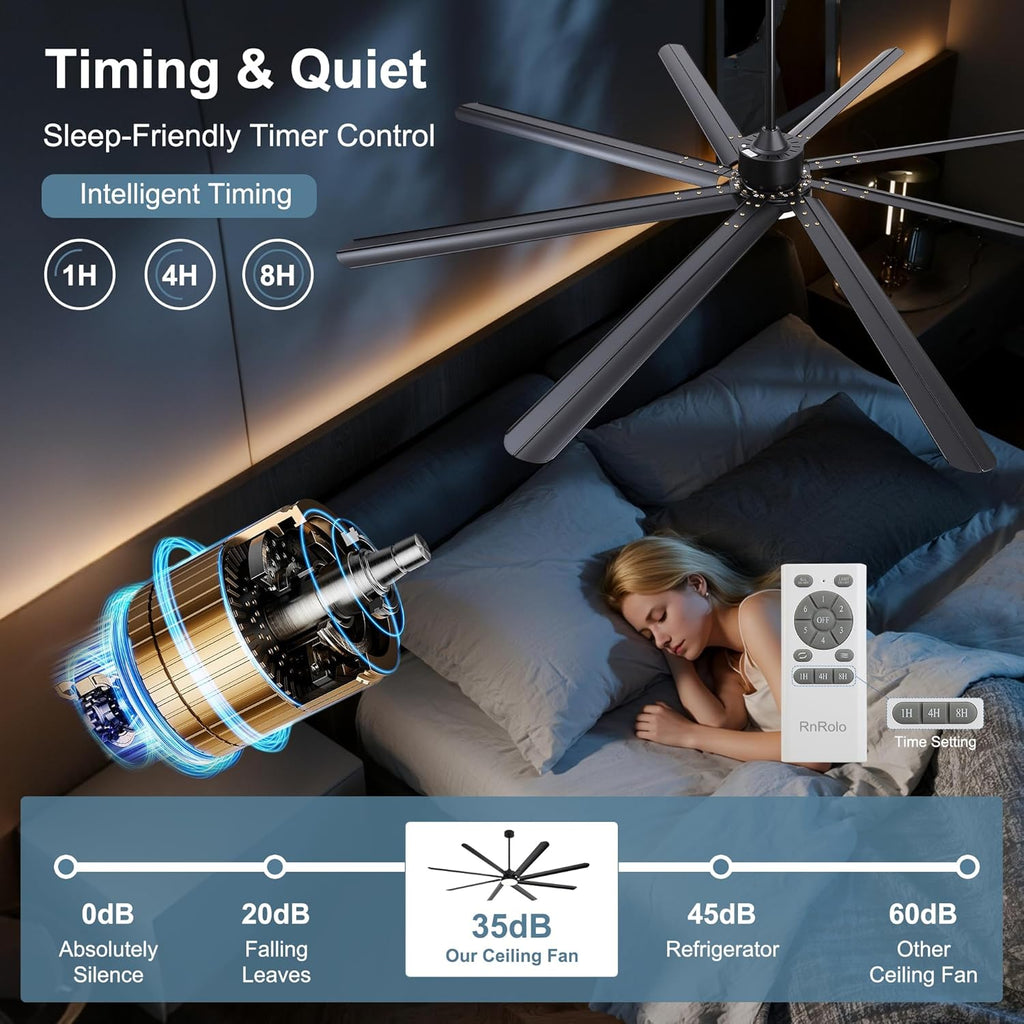 84 Inch Celing Fan with Light and Remote, Large Celing Fan with 8 Black Aluminum Blades, 6 Wind Speeds, Quiet DC Motor, HVLS Ceiling Fan for Living Room Garage Patio Gym Shop