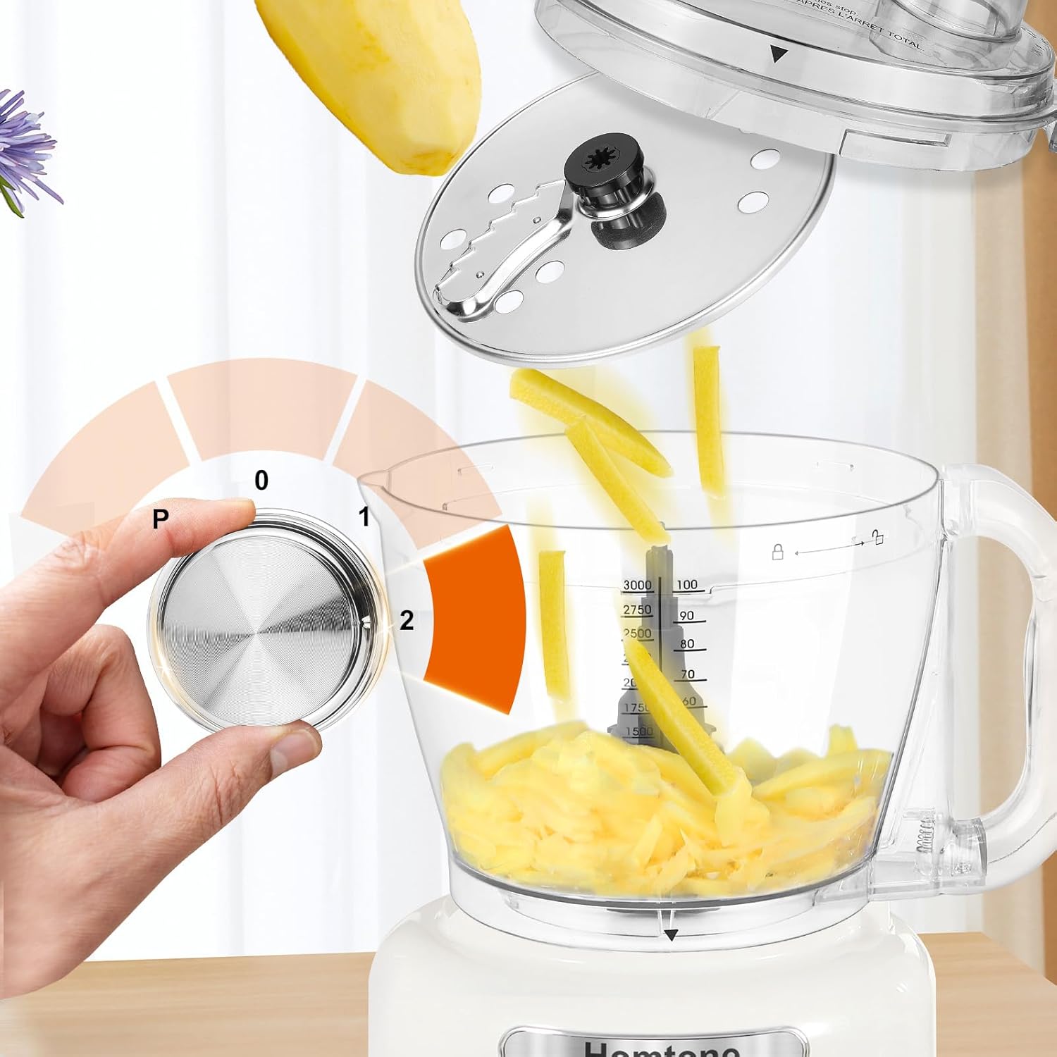 Homtone 16-Cup Food Processor, Heavy-Duty 9-Function Vegtable Chopper with 7 Blades & 3 Speeds for Dough Kneading, Meat Chopping, Slicing, Shredding & French Fry Cutting, Dishwasher Safe, White