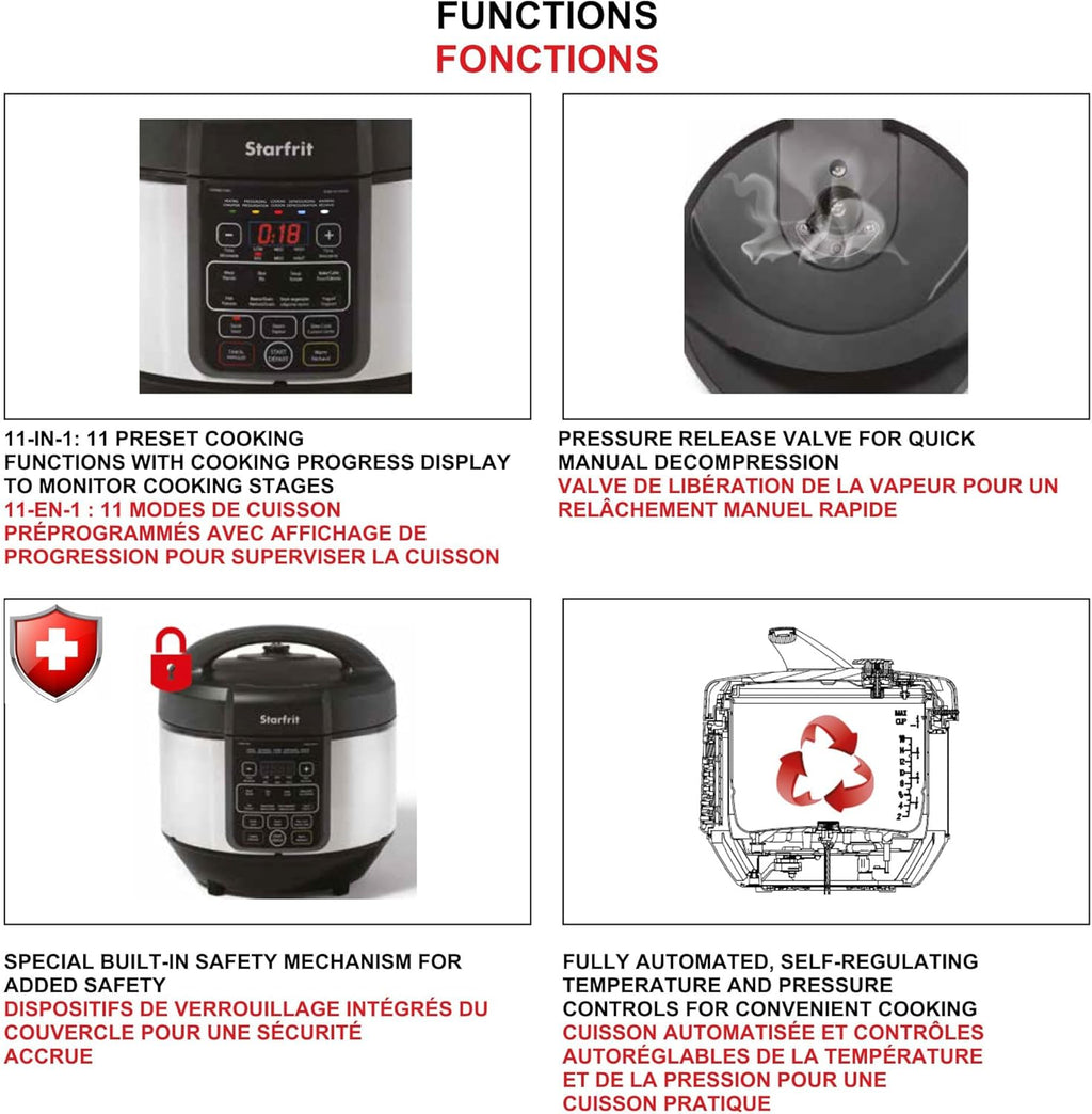Starfrit Electric Pressure Cooker - 8L Capacity - Steam Tray, Measuring Cup & Spatula - 11 Preset Cooking Functions