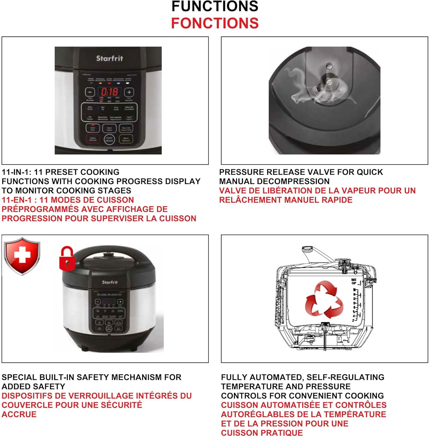 Starfrit Electric Pressure Cooker - 8L Capacity - Steam Tray, Measuring Cup & Spatula - 11 Preset Cooking Functions