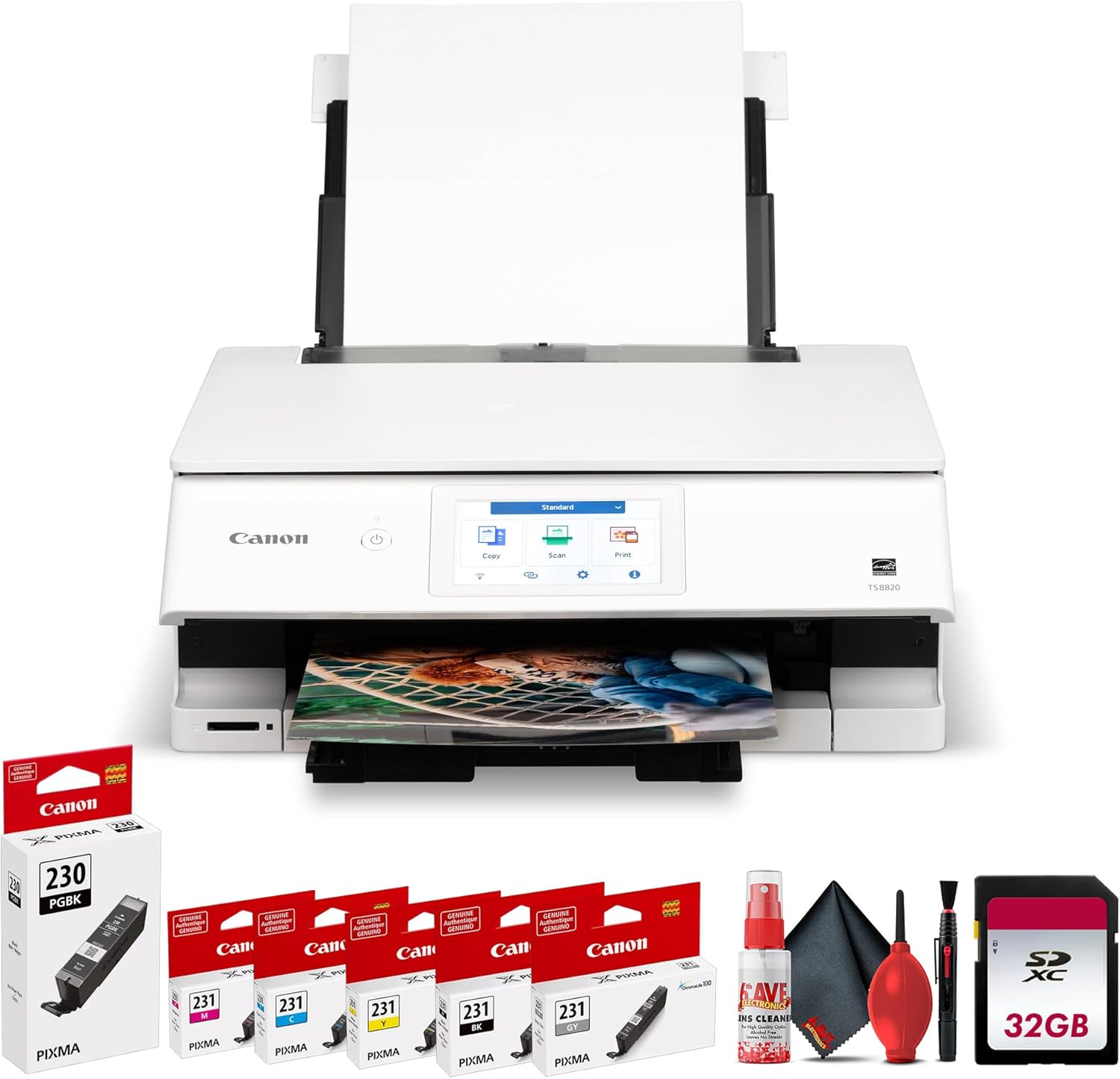 Canon PIXMA TS8820 Wireless All-in-One Inkjet Printer | Print Copy Scan | High-Resolution Photo Color Output for Home Office Creative Projects Everyday Documents + 32GB Card + More (8 Items)