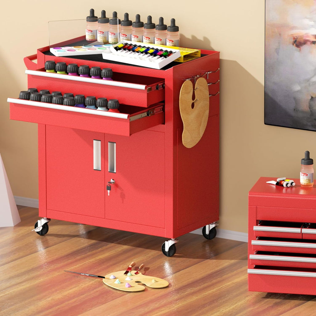 Greenvelly 8-Drawer Rolling Tool Chest, Assembled 2 in 1 Detachable Metal Tool Box with Wheels, Lockable Steel Tool Cart with Drawer Liners & Side Hooks for Garage, Workshop, Repair Room (Red)