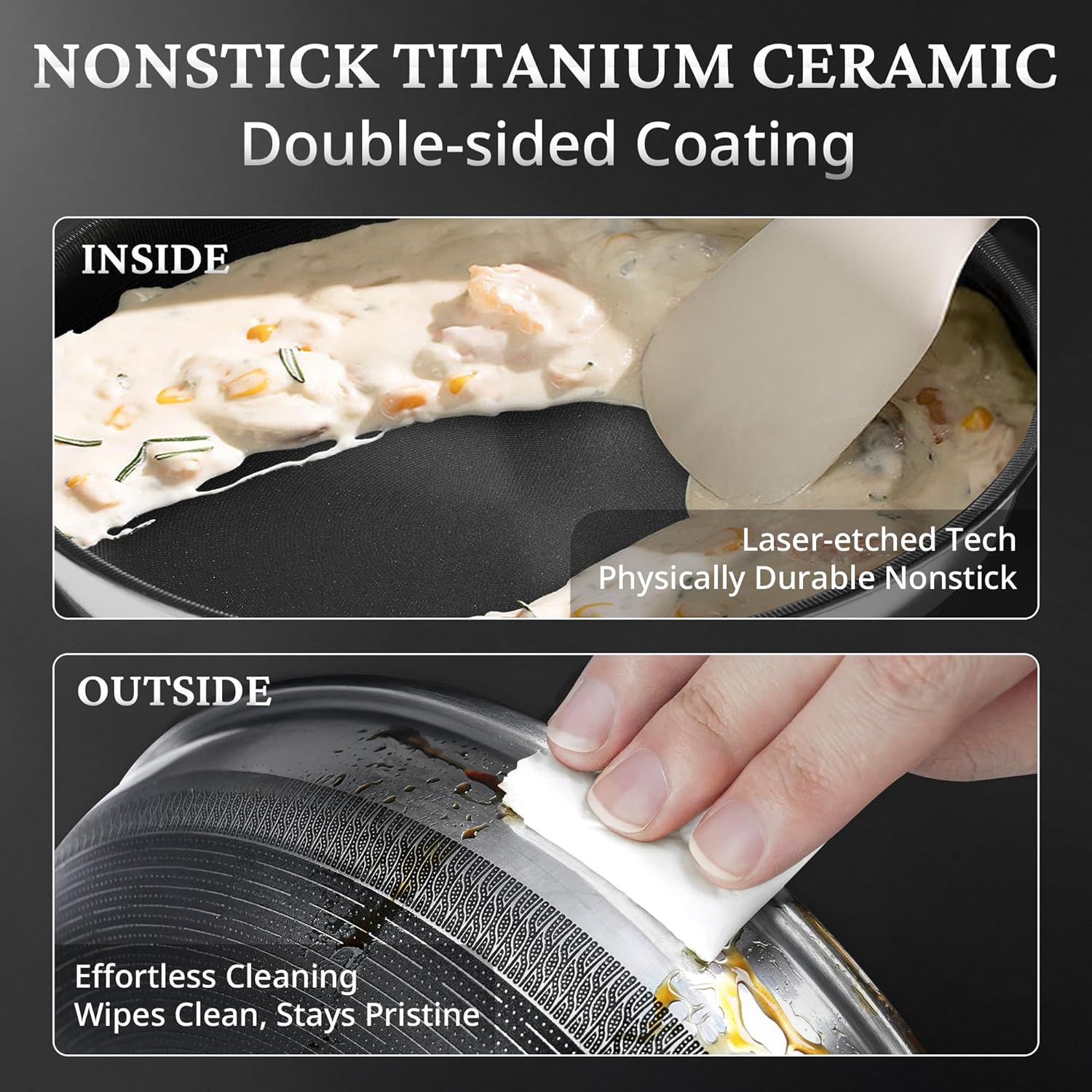 KOKHUB Nonstick Frying Pans with Lids, 8", 10", 12" Titanium Ceramic Tri-Ply Stainless Steel Skillet Set, Non-Toxic, PFAS/PFOA/PTFE Free, Dishwasher & Oven Safe, Induction Compatible