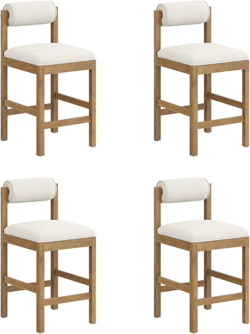 Nathan James Kimberly Modern Counter Stool with Solid Wood Legs, Boucle Upholstered Counter Height Stool with Bolster Back, Cream Boucle/Light Brown Set of 4