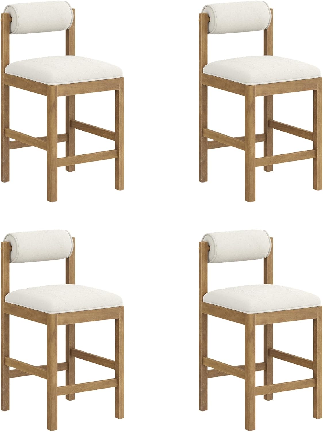 Nathan James Kimberly Modern Counter Stool with Solid Wood Legs, Boucle Upholstered Counter Height Stool with Bolster Back, Cream Boucle/Light Brown Set of 4