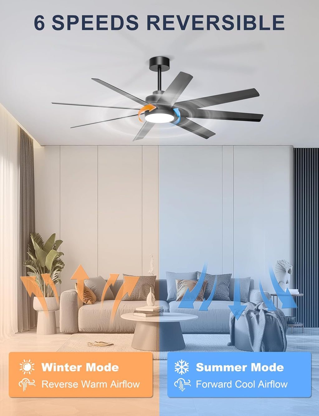 Ohniyou 60'' Ceiling Fan with Light - Modern Black 8 Blades Ceiling Fan Remote/APP Control, Dimmable, DC Motor Outdoor Fan for Covered Patio, Living Room, Shop, Garage