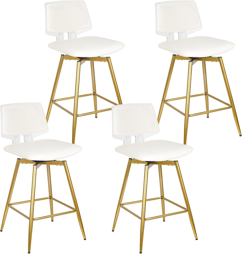 VECELO Swivel Upholstered Bar Stools Set of 4, Counter Height Barstools with Back, Metal Legs, 35.2-Inch Tall Barstools for Kitchen Island, Home Bar, Cafe, White