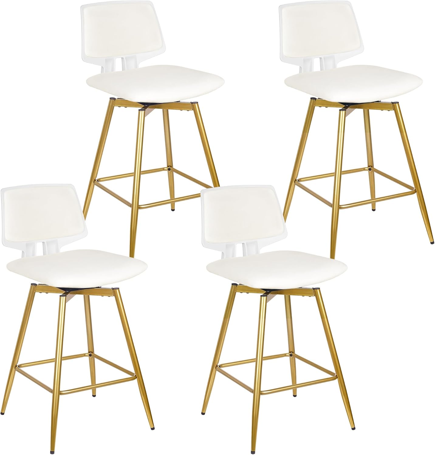 VECELO Swivel Upholstered Bar Stools Set of 4, Counter Height Barstools with Back, Metal Legs, 35.2-Inch Tall Barstools for Kitchen Island, Home Bar, Cafe, White