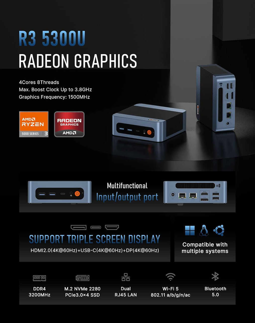 BOSGAME E5 Multi-Functional Mini PC, Ryzen 3 5300U 4C/8T, 11 Pro Dual LAN 2.5GbE Desktop Computers, 16GB DDR4 1TB PCIe SSD, Triple Displays 4K 60Hz, HDMI 2.0, DisplayPort, USB-C, Wi-Fi 5, BT 5.0