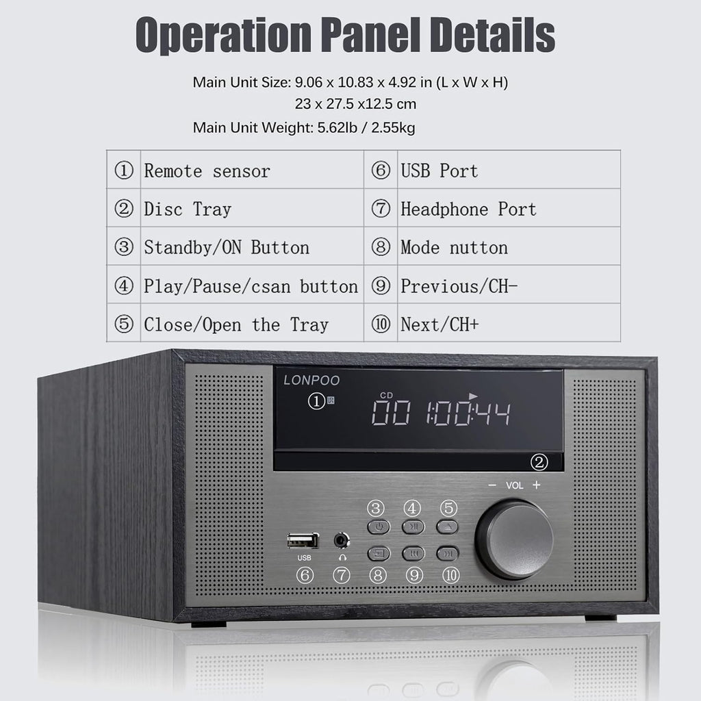 Home CD Stereo Shelf System,100W Hi-Fi Bookshelf Speskers System (with CD Player, FM Radio, Bluetooth 5.3, USB Playback, AUX-in, Headphone Jack, Remote Control, DSP-Tech