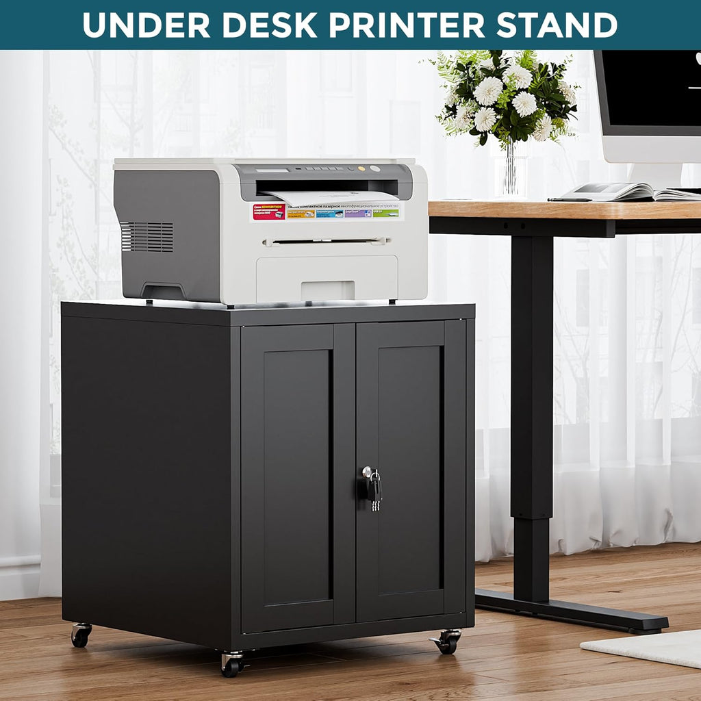 Large Printer Stand with Storage and Lock, 3D Heavy-Duty Printer Cabinet, Printer Table for Home Office with Doors and Adjustable Shelves, for Office Copier and Fax Machine, Black
