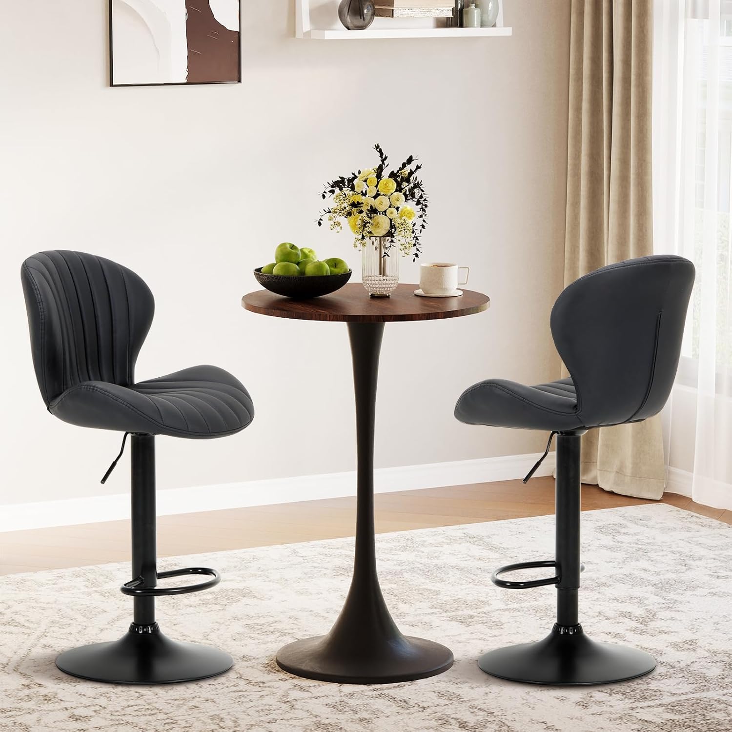 COLAMY Bar Stools Set of 4, Modern Swivel Bar Chairs, Adjustable Faux Leather Upholstered Barstools Counter Height with High Backrest for Bar, Kitchen Island, Dining Room, Black