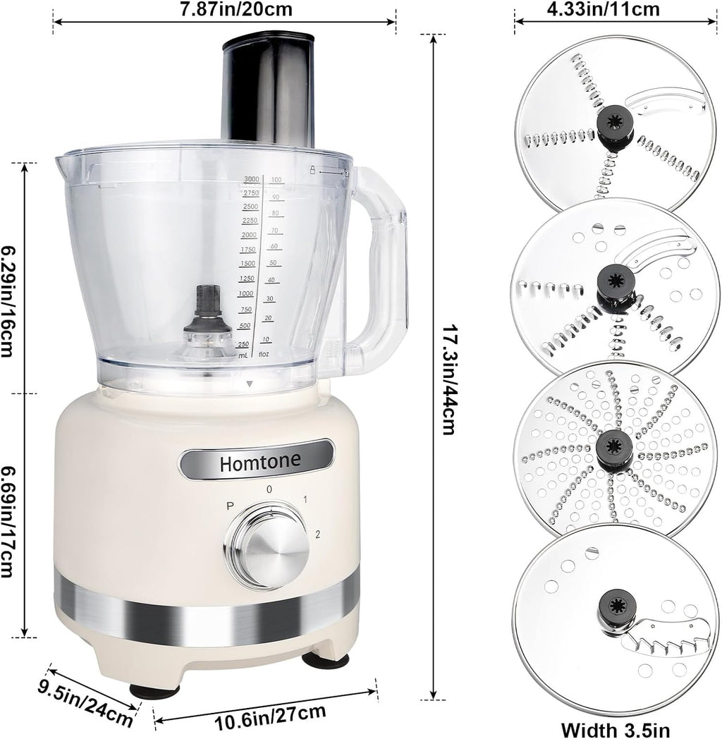 Homtone 16-Cup Food Processor, Heavy-Duty 9-Function Vegtable Chopper with 7 Blades & 3 Speeds for Dough Kneading, Meat Chopping, Slicing, Shredding & French Fry Cutting, Dishwasher Safe, White