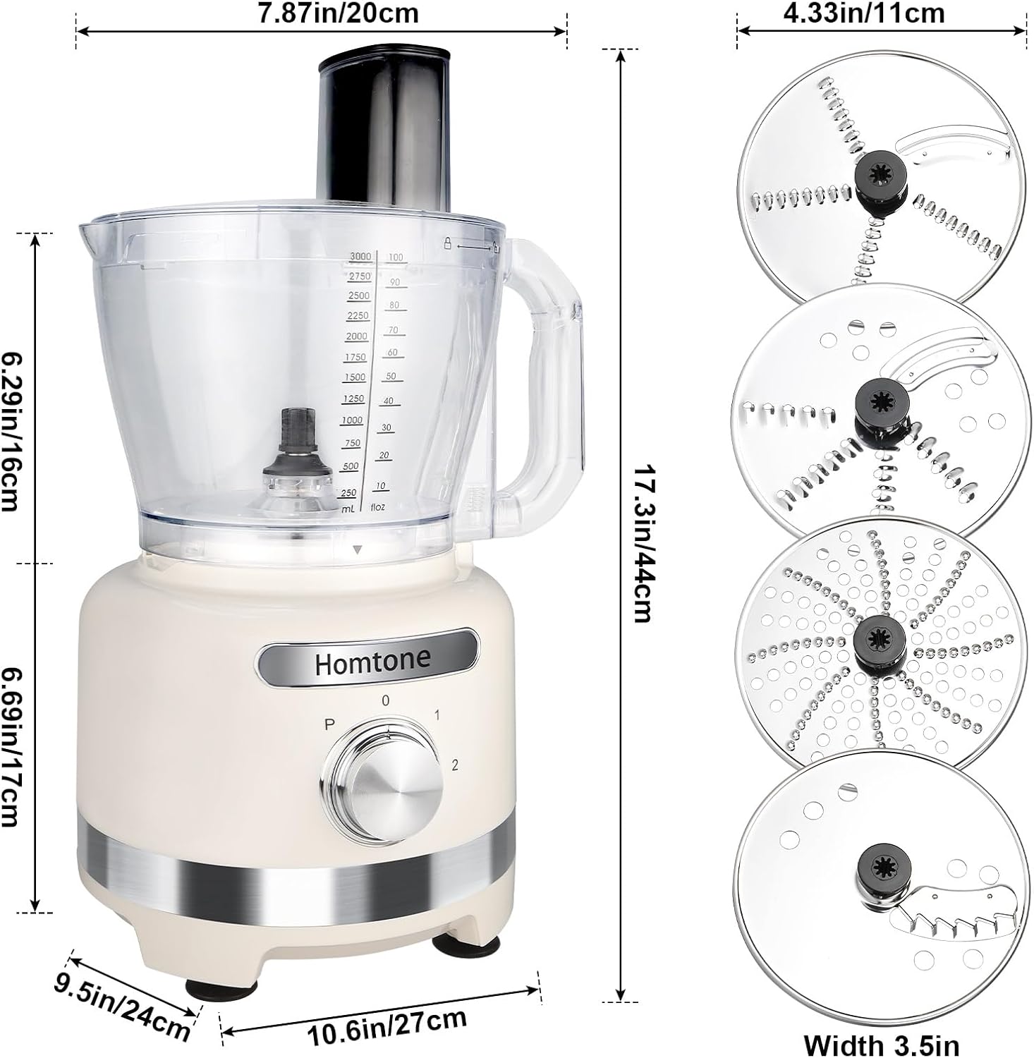 Homtone 16-Cup Food Processor, Heavy-Duty 9-Function Vegtable Chopper with 7 Blades & 3 Speeds for Dough Kneading, Meat Chopping, Slicing, Shredding & French Fry Cutting, Dishwasher Safe, White