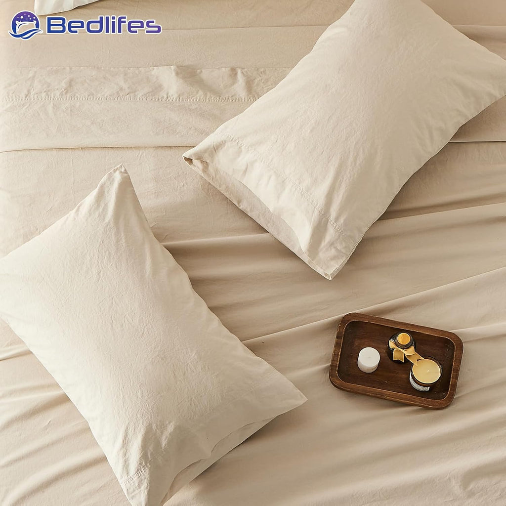 Bedlifes 100% French Pure Linen Sheets Queen Size Breathable and Cooling Flax Sheet Set Soft Durable and Moisture Wicking 16 Inch Deep Pocket-4 Piece(Queen,Linen)